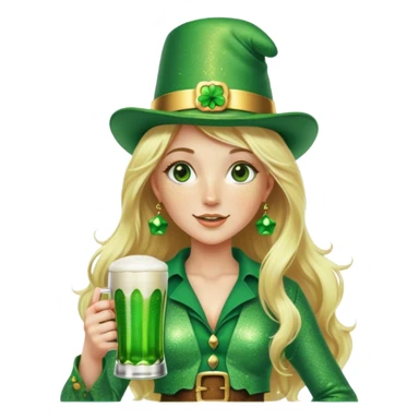 Blonde haired pretty woman with freckles glittery green bell bottoms and tall leprechaun hat holding a green beer sticker