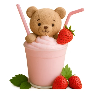 Remove the cherry blossom flowers, keep the strawberry milkshake cup with a straw, cute bear peeking out, two strawberries with green leaves, pastel colors, soft shadows, clean and minimalistic 3D iOS style, with no background. sticker