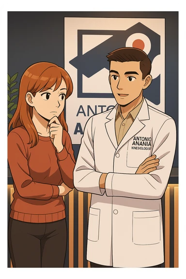 su questo stile fai un manga/webtoon a colori in cui una donna SI TOCCA IL MENTO CON L'INDICE MENTRE ASCOLTA PENSIEROSA L'UOMO, l'uomo della foto in stile manga LE SPIEGA CHE DEVE PROVARE LA SUA VALUTAZIONE MEDICA, mantieni un ambiente simile alla foto che ho allegato con il suo logo (sarebbe il suo studio, lui è un kinesiologo), scrivigli "ANTONIO ANANIA" sul camice bianco, non mettere fumetti, ma fai in modo che sembri che la donna ASCOLTI l'uomo sticker