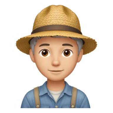 young guy with short gray hair, wearing a straw farmer hat sticker