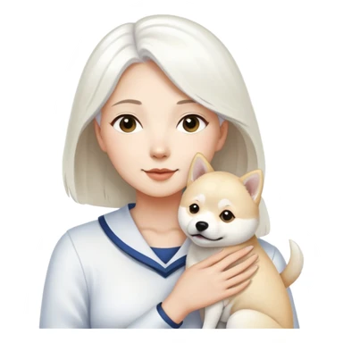 A white-haired woman holding a white Labrador and a white Shiba Inu sticker