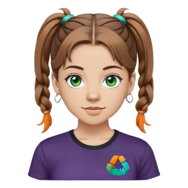 This is a 2D digital anime-style portrait of a young women skin tone light. The person has brown hair in a pigtail and green eyes. They wear a T-shirtin [colour: dark grey or black], with the BST logo in vibrant colours (orange, teal, purple, blue) placed on the left chest area. The background is solid black for consistency and emphasis. The person is facing forward with a neutral or slight smile (without showing teeth). Lighting is soft and flat, clean anime lines with smooth shading. Consistent with a professional, cohesive team style. sticker