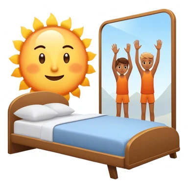 A person stands beside their bed, rolling out groggily with determination. The bed behind them is neatly made, a mirror in front of them shows them high-fiving their reflection. A glowing sunrise outside signals the start of a productive day. sticker