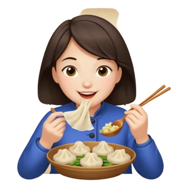 A dark brown-haired girl happily eating dumplings. sticker