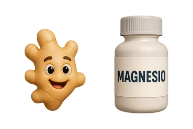 emoji stile iphone 3d di un pezzetto di zenzero e una boccetta di magnesio con la scritta "MAGNESIO" SULL'ETICHETTA CHE FLUTTUANO IN ARIA, iperrealistico 4k sticker