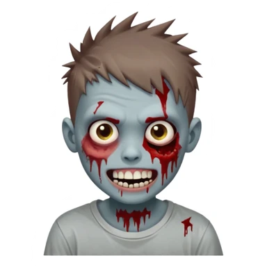 zombie boy with brown short spiky hair, white skin, and white eyes; an open smile, and bloodied teeth; sticker