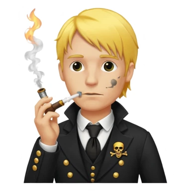 A man with yellow hair, in a black business suit, smoking a pirate pipe sticker