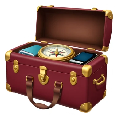 burgundy travel item and  a gold compass in the lower right corner of the emoji in front of travel item sticker