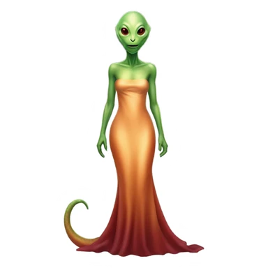 reptilian green alien woman, in long slim pastel orange formal party satin dress with gradient shiny sparkling dark red, full figure, full body sticker
