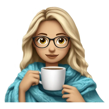 Balayage hair Girl drinking coffee, with a cozy blanket wearing glasses with blue eyes beautiful  sticker