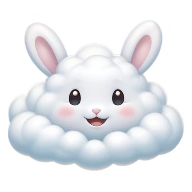 Cinematic tiny puffy bunny-shaped cloud, floating gently in the sky, soft glowing light, tiny rounded ears, smiling face, dreamy and magical. sticker