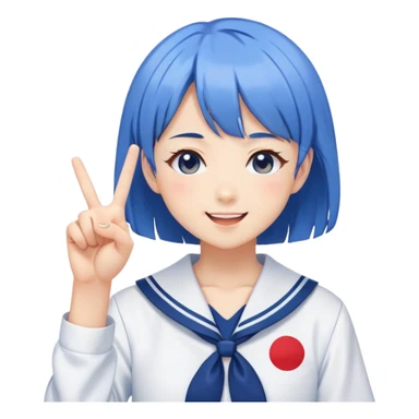 Energetic anime girl with short blue hair wearing Japanese sailor style school uniform, winking and making double peace signs, very cheerful and bubbly, kawaii style sticker