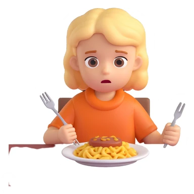 A stylized 3D character of a 6-year-old child sits at a table, looking bored at a plate of macaroni and a meat patty, absentmindedly poking the macaroni with a fork. sticker