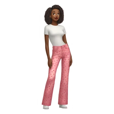 Realistic long Wide leg high waisted pink jeans with small red hearts print, isolated sticker
