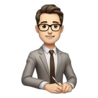 Pale skinned fit man with dark brown hair in gray jacket, beige office shirt, brown tie, brown pants and vintage glasses Writing on the flipchart sticker