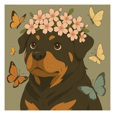 Add butterflies fluttering around the rottweiler with a cherry blossom flower crown, keep the original style and colors sticker