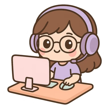 female brunette with glasses and a purple gaming headset, chibi style, sitting at a desk sticker