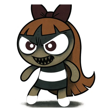 Blossom from Powerpuff Girls, cartoon style, full body, scary and menacing expression, dark and eerie colors sticker