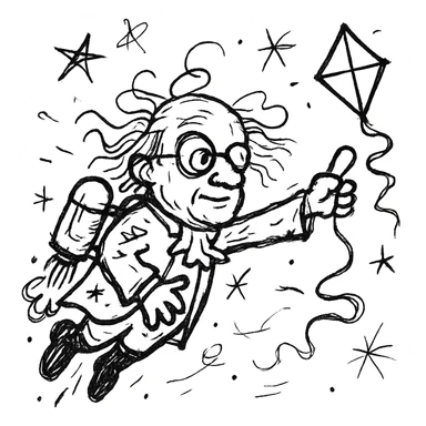 Ben Franklin with jetpack, left hand holding diamond kite, right arm out as if flying, minimalist black outline, slightly chaotic lines sticker
