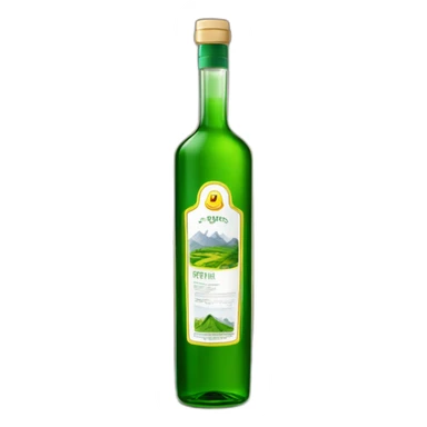 grüner schnaps in länglicher flasche mit bergen und einem dorf auf dem etikett sticker
