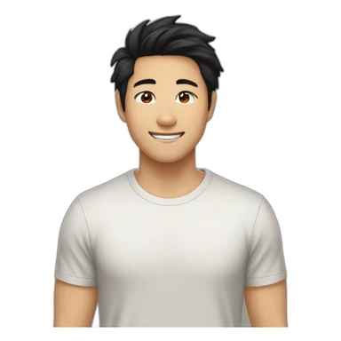 guy, black hair, medium length hair, in his 20s, very asian, smiling, t-shirt only, slight brown skin, dark brown eyes, slighty wavy hair sticker