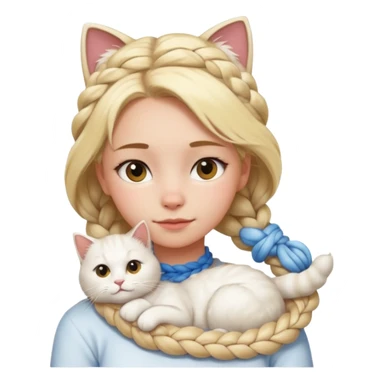 a girl with braided blonde hair, a white fluffy cat lying on her left shoulder and neck, emoji style sticker