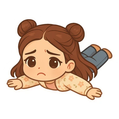 Create a chibi sticker of the girl from the reference image lying on the floor sad with arms spread. She has brown straight hair styled in double buns, brown eyes, wearing a pastel floral cardigan and jeans. The sticker should have a white outline and a transparent background, sized 512x512px. sticker