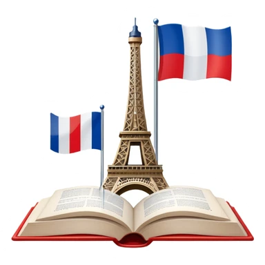 An icon featuring the Eiffel Tower and the flag of France, symbolizing the French language. The design includes an open book with French text, representing language learning and French culture. Transparent background highlights the elegance of the French-speaking world. sticker