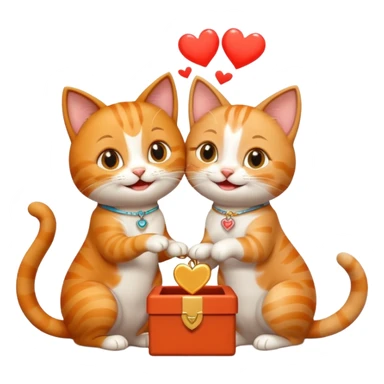 one happy cat proposing marriage to another happy cat, both cats smiling, with a ring box, playful and cute, emoji style sticker