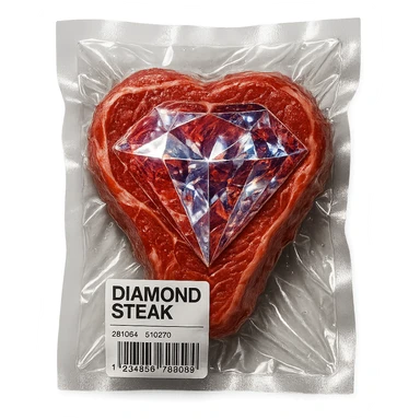 meat steak with sparkling diamond facets, glossy and puffy, vacuum-sealed style sticker