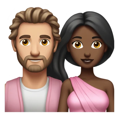 A handsome pale Greek god man who has long brown hair and tanned skin with a pretty black skinny tall model woman who has long black hair and she is wearing a pink dress and they are a couple sticker