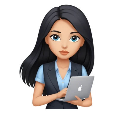 Glamours tanned very beautiful girl with pump peach nude lips and black straight smooth long hair, blue-grey eyes in beautiful v-neck black vest from the suit (short sleeves) with MacBook sticker