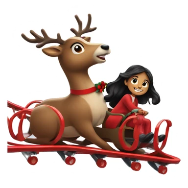 Reindeer with red wreath riding roller coaster with little girl long black hair sticker