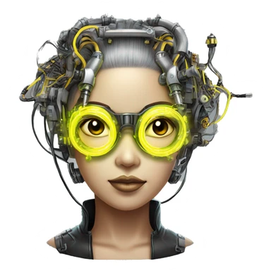 Neon yellow bobbed hair Asian female cyborg head with silver steampunk goggles and circuits sticker