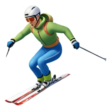 An icon featuring snowy peaks, pine trees, and a picturesque mountain landscape with a skier racing down a snow-covered slope. The sky is blue with soft clouds, capturing the thrill and beauty of alpine skiing. Transparent background highlights the excitement and serenity of winter sports. sticker