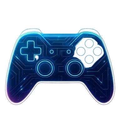 Create a generic game controller in a cyberpunk, holographic style with glowing neon blue and pink edges, circuit patterns throughout the entire controller, and a transparent background. The controller should look futuristic and clean, with a consistent cyberpunk glow and intricate circuit details, matching the style of the previous cyberpunk icons. sticker
