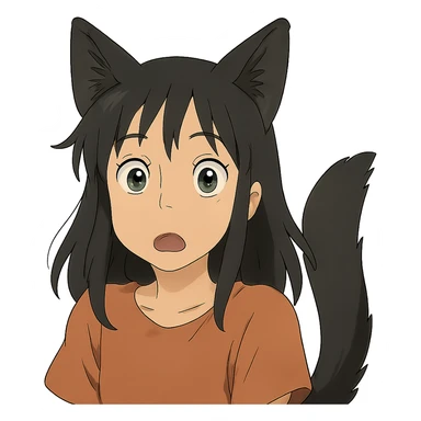 a surprised girl with huge green eyes, black fox ears, and a tail, dark hair sticker