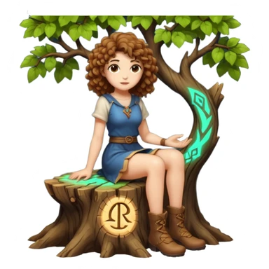full body woman short curly brown mullet hair brown eyes white skin sitting on tree stump carving glowing rune sticker