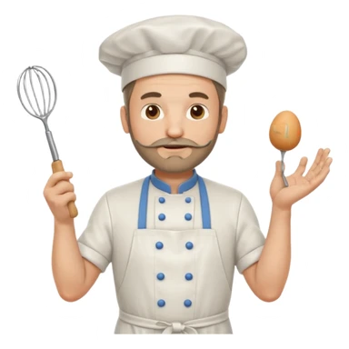 Middle aged male pastry chef - with a small beard, apron, white hat, holding an egg beater in his right hand, and his left hand naturally hanging down to his side sticker