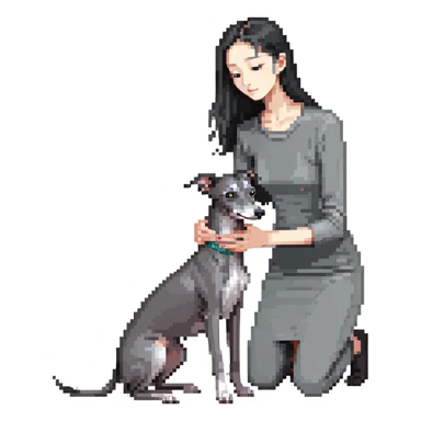 Slim Chinese girl with long black hair petting a dark grey Italian greyhound with a visible grey chest, no white markings anywhere sticker