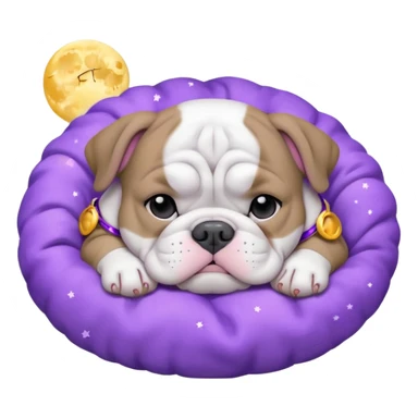 purple moon with a sleeping grey bull dog puppy with a purple collar sticker