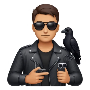 Biker wearing sunglasses holding a raven sticker