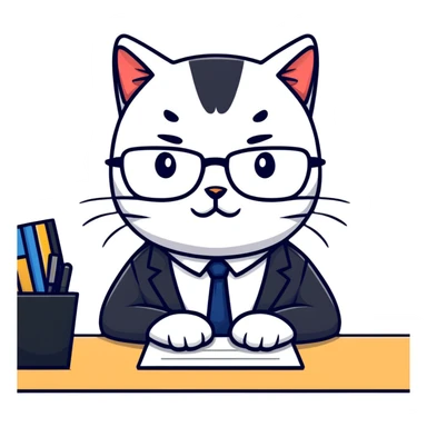 cat wearing glasses and business suit, sitting at office desk looking important sticker