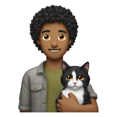 Guy with black curly hair holding a cat sticker