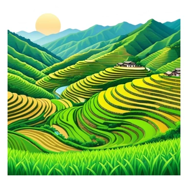 Longji Rice Terraces Guangxi curved farming terraces, simplified emoji style with bold outlines and bright colors, cartoon style layered green fields on mountain sticker