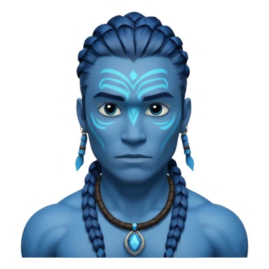 avatar-style Na’vi male portrait, head and shoulders only, blue skin, bioluminescent markings, strong face features, braided hair, tribal necklace, heroic expression, 3D cartoon, mobile game icon style, clean background, no text, no watermark
 sticker