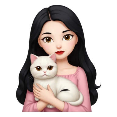 Beautiful Girl Long Hair black, Brows Big , Skin White, Dress Pale Pink , Big Red Lips, EyesCoffe , Hug Little baby Persa Cream Cat With Cute Eyes sticker
