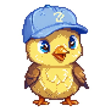A baby chick looking surprised, pixel art style, with a blue baseball cap sticker