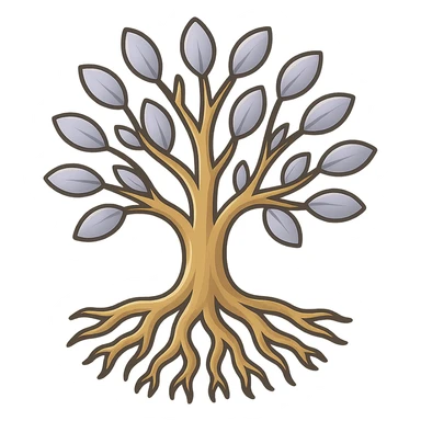 Create a tree similar to the reference image but with fewer leaves and roots. Use the icon-color-outlined style with clear contours, pastel colors, volume, shadows and highlights, detailed work, and soft lighting. Ensure the background is transparent and avoid any watercolor effect. sticker