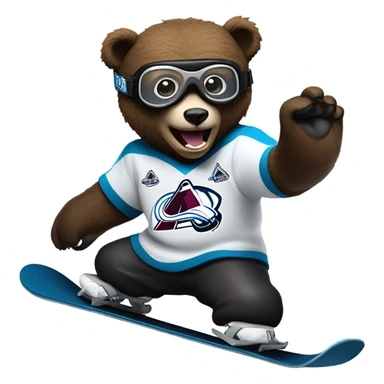 Bear on a snowboard in Colorado avalanche jersey doing hardcore tricks wearing black helmet and goggles sticker